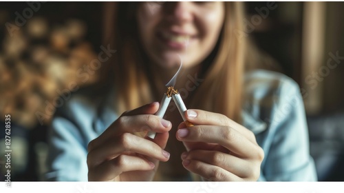 A woman is holding a cigarette in each hand and smiling. Concept of carefree enjoyment and a disregard for the potential health risks associated with smoking photo