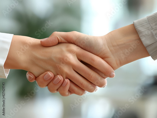 Business handshake. Two unrecognizable businesswomen shaking hands in agreement after successful negotiations. Close-up. photo