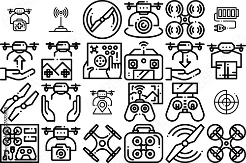 Set Of Linear Drone Isolated Silhouette Solid Icons With Vector,Travel,Vehicle,Transportation,Transport Business Infographic Elements Logo Vector Illustration
