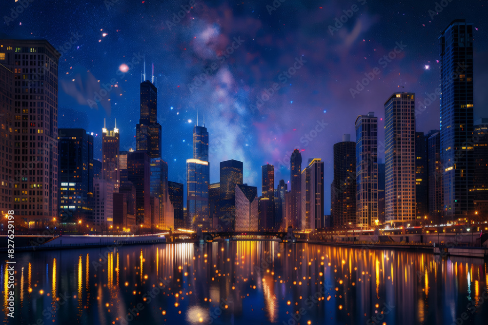 Obraz premium city skyline at night, generative ai