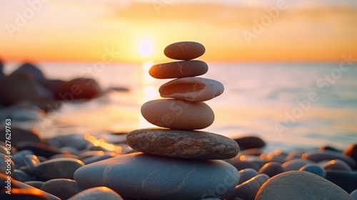 A stack of rocks on a beach with the sun setting in the background. Concept of peace and tranquility, as the rocks are arranged in a way that suggests a calming and meditative atmosphere