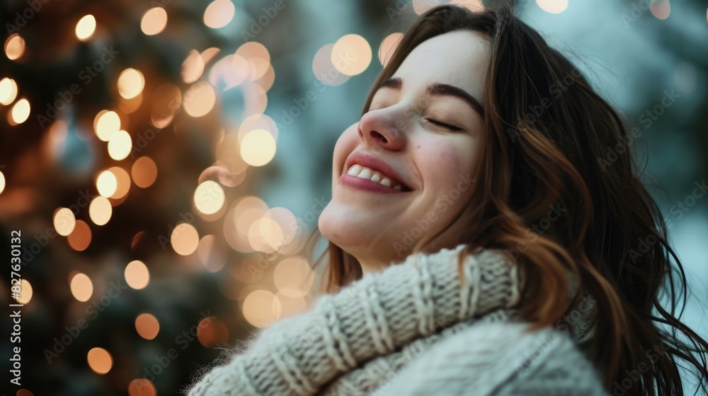 A woman is smiling and wearing a white sweater. She is standing in front of a Christmas tree A woman is smiling and wearing a white sweater. She is standing in front of a Christmas tree