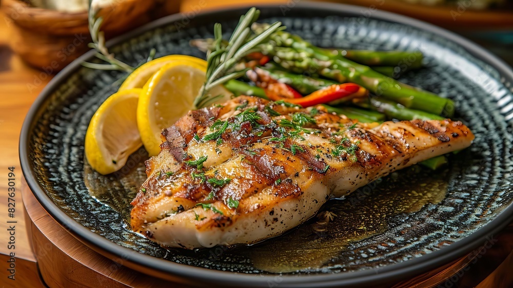 Red fish steak with asparagus . Selective focus. Generative AI, Red fish steak with asparagus . Selective focus. Generative AI,