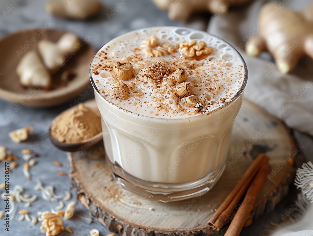 Healthy drinks, Delicious ginger latte with cinnamon and walnuts.