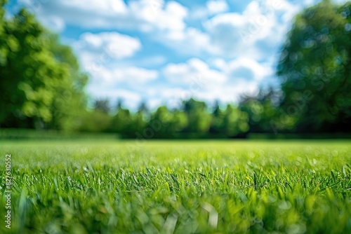 A lush green field with a blue sky in the background. The sky is dotted with clouds, giving the scene a peaceful and serene atmosphere