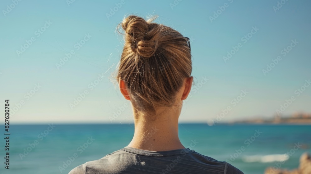 Obraz premium Beach or sports, fitness A woman with neck pain after exercise, body training, or outdoor workout. Red light, rear view or injured girl runner with muscle tendon after jogging.
