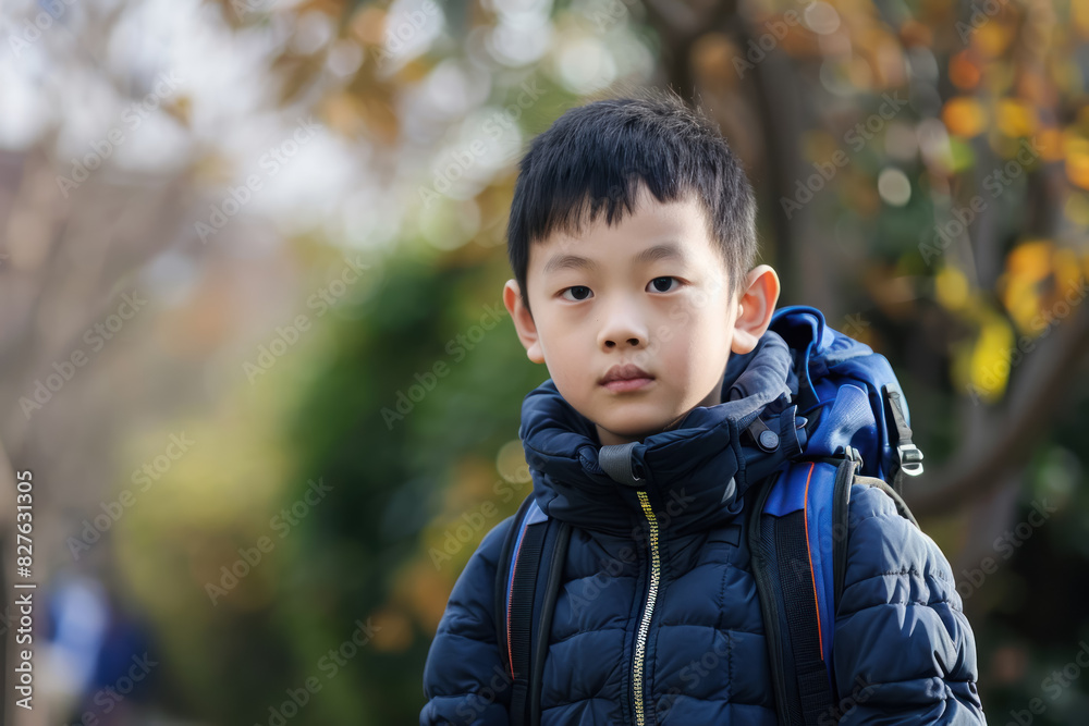 young asian boy with backpack ready for school in autumn park young asian boy with backpack ready for school in autumn park