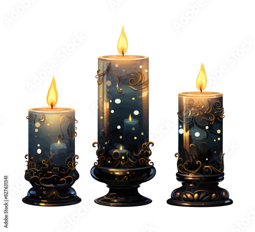 Vector illustration of three black candles with intricate golden decorations, glowing flames, and a mystical ambiance.
