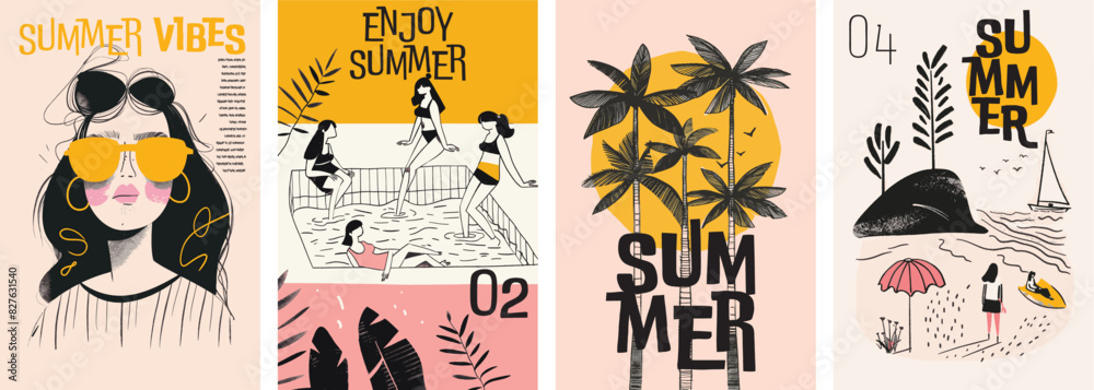 Collection of minimal summer poster cover designs. Summer vacation background Collection of minimal summer poster cover designs. Summer vacation background