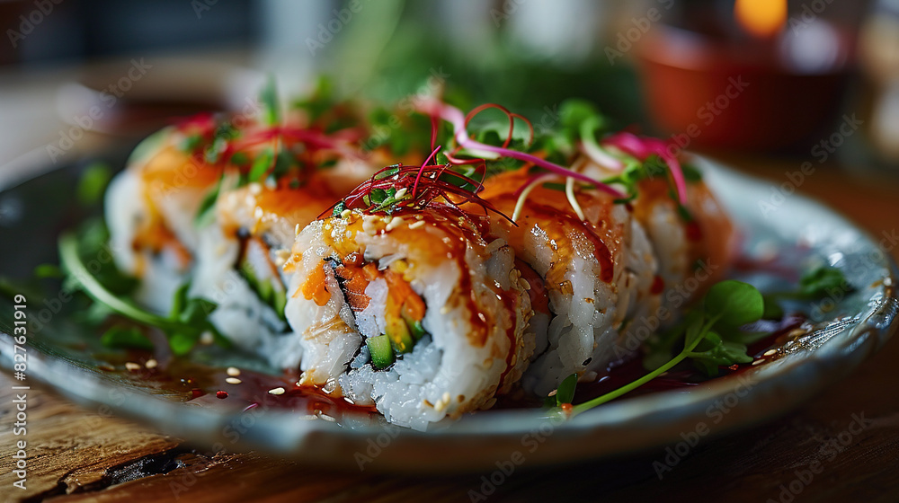Artistry of Sushi Rolls On Antique Ceramic Plate Selective Focus Background Artistry of Sushi Rolls On Antique Ceramic Plate Selective Focus Background