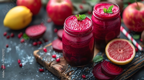 Healthy drinks, Fresh beet smoothie with apple, lemon, grapefruit and pomegranate.