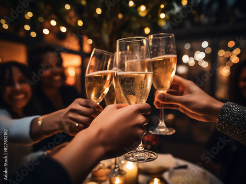 Elegant revelers clink champagne glasses in festive outdoor soir?e