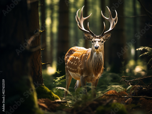 Forest scene male fallow deer with velvet-covered antlers photo