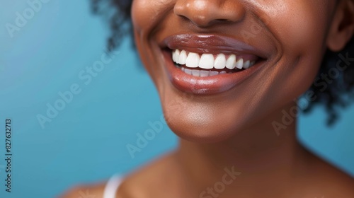 Dental care  hygiene  and treatment with woman  teeth  and grin on blue studio background. Female mouth in tooth whitening  oral or gum healthcare  or cleaning for wellbeing.