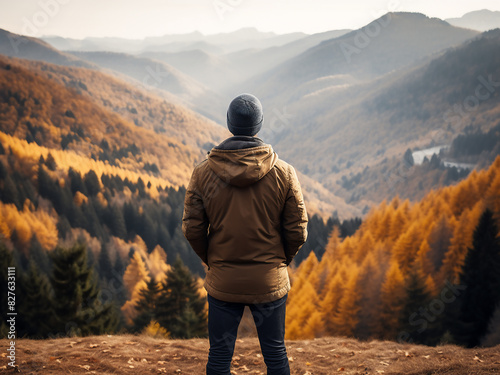 Gazing at the autumnal beauty, a man takes in the mountainous forest photo