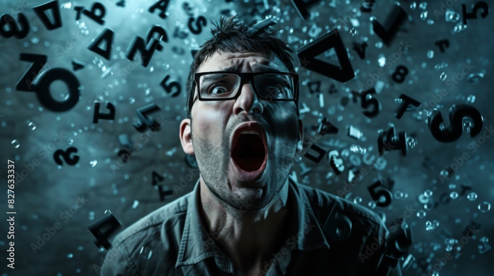 Frustrated Man Screaming Surrounded by Floating Letters Frustrated Man Screaming Surrounded by Floating Letters