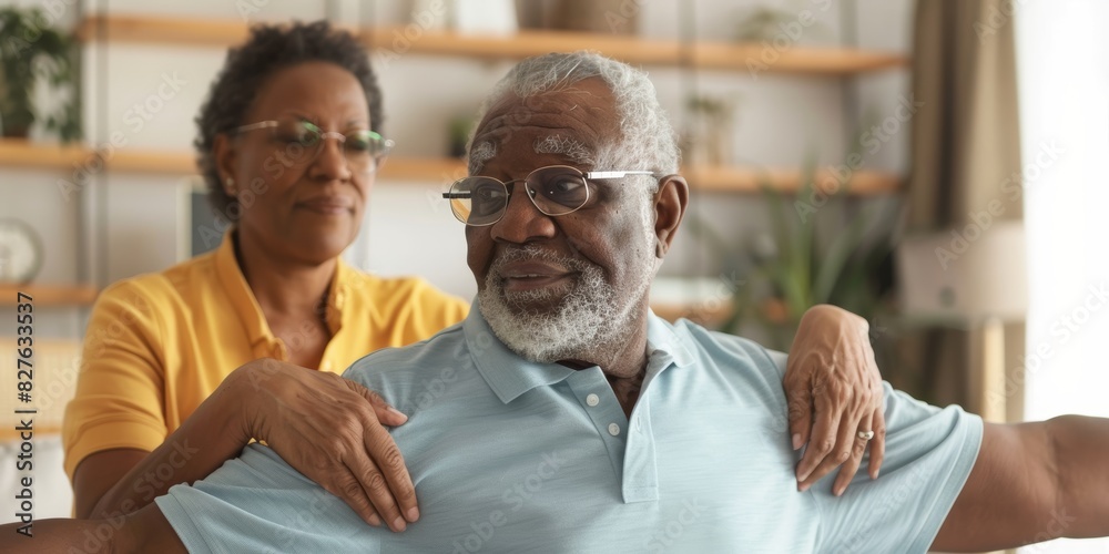 Black guy injury healing, physiotherapy results, arm stretching, and elderly man rehabilitation. Elderly patient support, mobility assessment, or African physiotherapist advice Black guy injury healing, physiotherapy results, arm stretching, and elderly man rehabilitation. Elderly patient support, mobility assessment, or African physiotherapist advice