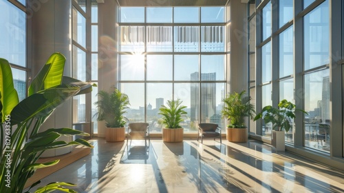 An office building with expansive floor-to-ceiling windows and natural lighting