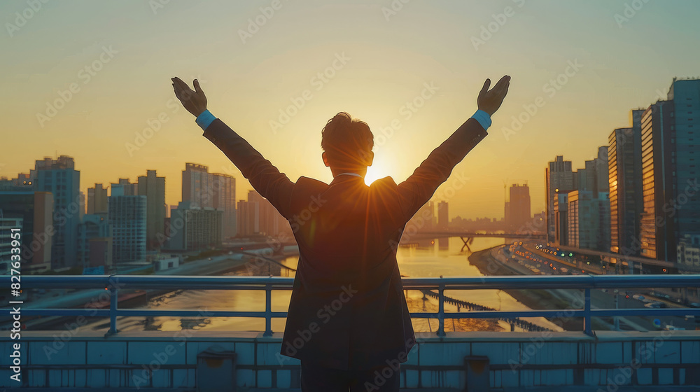 The photo shows a businessman standing on a rooftop and looking at the sunset with his arms raised in the air The photo shows a businessman standing on a rooftop and looking at the sunset with his arms raised in the air