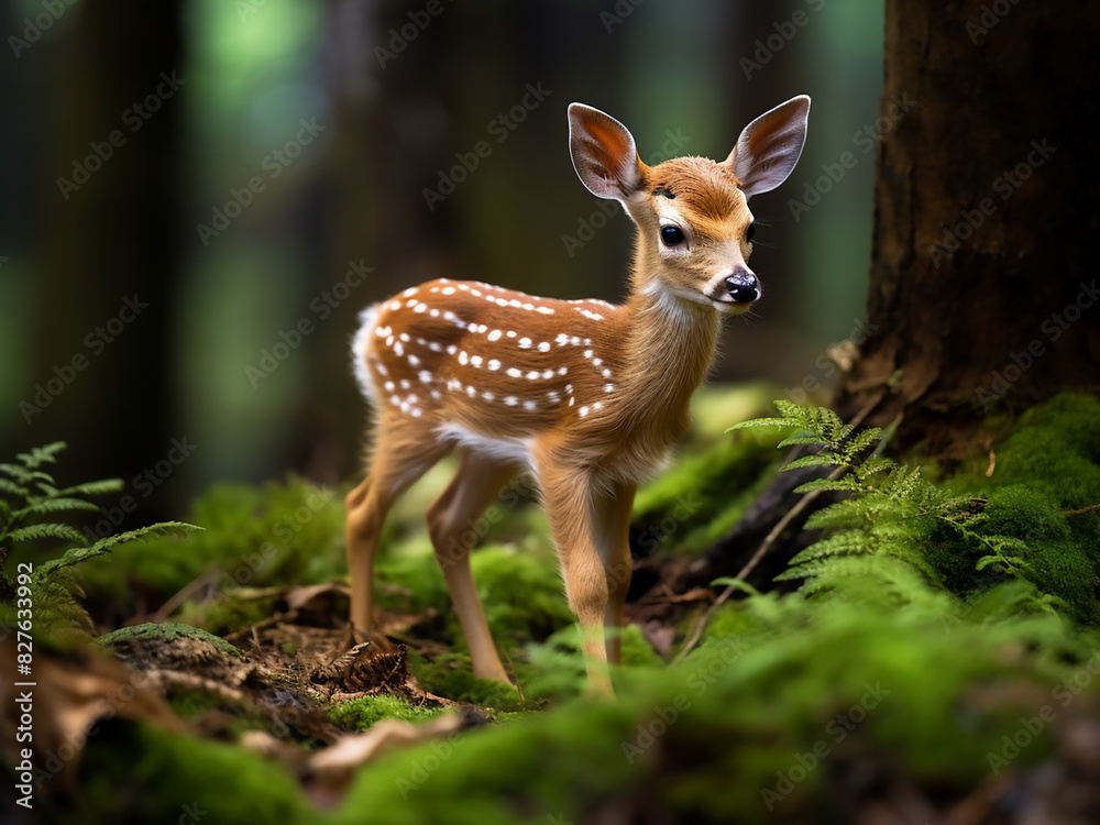 Amidst a forest, a miniature fawn is captured with a soft bokeh background Amidst a forest, a miniature fawn is captured with a soft bokeh background