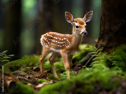 Amidst a forest, a miniature fawn is captured with a soft bokeh background