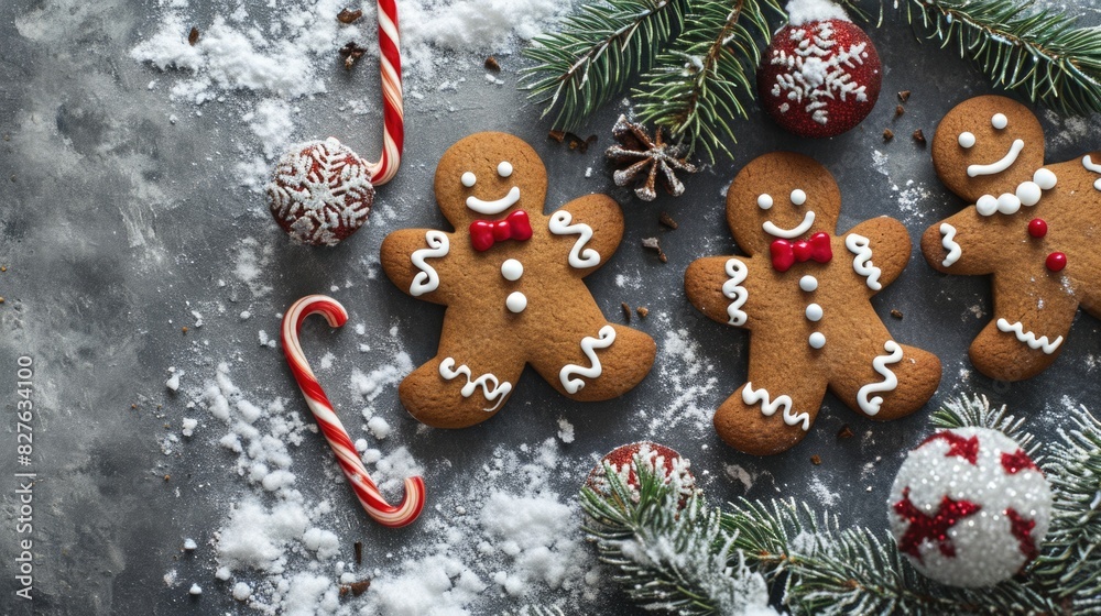 Three gingerbread men are sitting on a table with a candy cane and a pine tree. The gingerbread men are smiling and wearing bow ties Three gingerbread men are sitting on a table with a candy cane and a pine tree. The gingerbread men are smiling and wearing bow ties