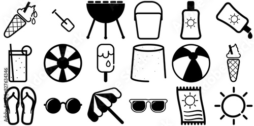 Set Of Linear Summer Icons Collection Isolated Silhouette Solid Icons Including Sun,Beach,Summer,Sunscreen Simple Black Style Symbol Sign For Apps And Website, Vector Illustration