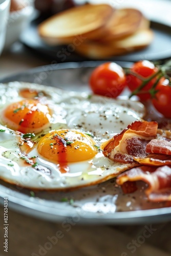 A plate of bacon, eggs, and tomatoes. The plate is on a wooden table. The plate is full of food and looks delicious