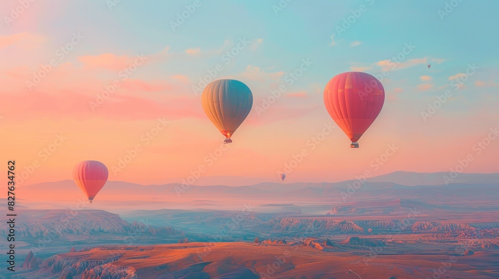 A tranquil morning with hot air balloons rising gently into the sky, their colors vibrant against the soft pastel hues of dawn. The minimalist approach captures the peacefulness and beauty of the A tranquil morning with hot air balloons rising gently into the sky, their colors vibrant against the soft pastel hues of dawn. The minimalist approach captures the peacefulness and beauty of the