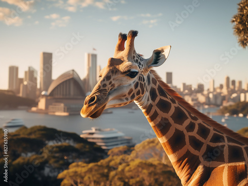 Wildlife encounter a giraffe at Taronga Zoo with Sydney skyline in the background photo