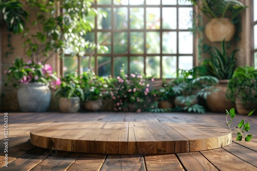 A wooden table with a round top and a view of a garden through a window. The table is empty and the view of the garden is the main focus of the image
