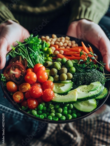 A person is holding a bowl of vegetables including tomatoes  broccoli  and carrots. The bowl is filled with a variety of colorful vegetables  creating a vibrant and healthy meal