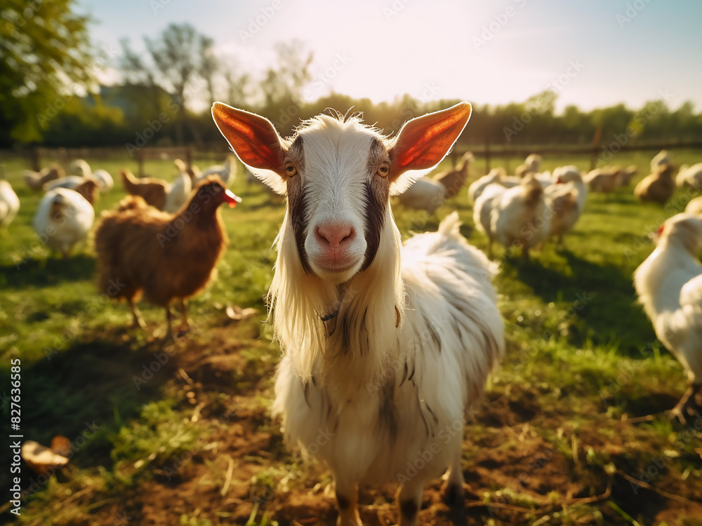 On an organic farm, a goat and free-range chicken graze together in harmony On an organic farm, a goat and free-range chicken graze together in harmony