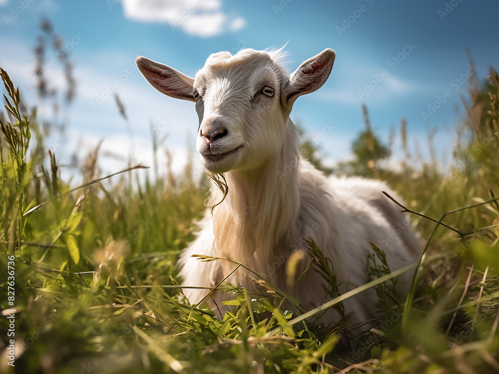 Fototapeta premium A serene scene unfolds as a goat grazes on summer pasture, part of a nature series