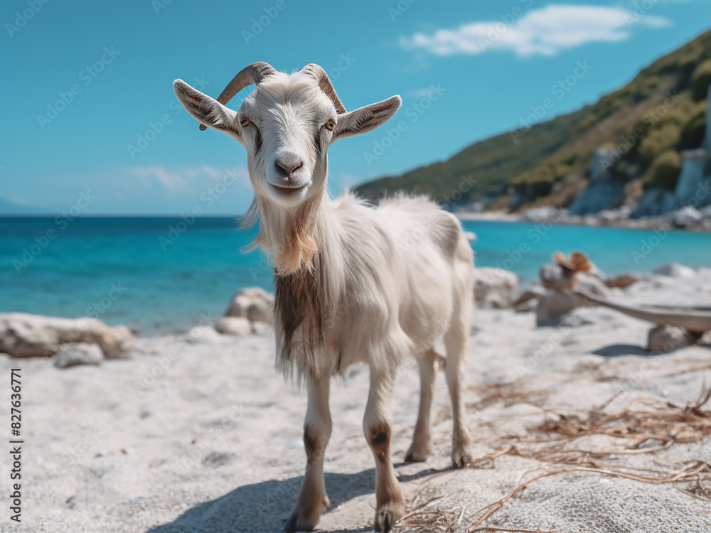 Obraz premium In the scenic beauty of Bella Vraka beach, Sivota, Thesprotia, Greece, a goat explores