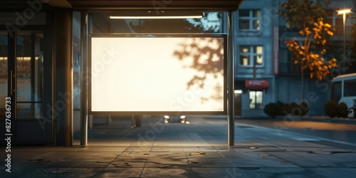 A large white billboard sits on a city street  with a car driving by in the background. The billboard is empty  but the scene is set in a busy urban environment