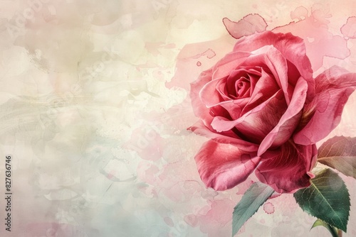 A rose is the main focus of the image, with its pink petals and green leaves. The background is a blurry, watercolor-like effect that adds a dreamy, romantic feel to the scene