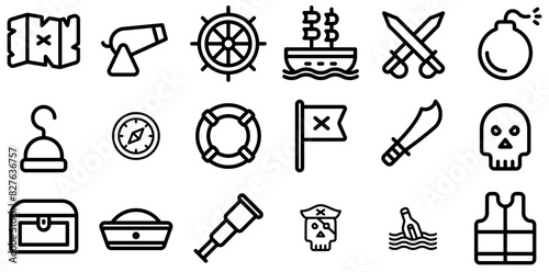 Set Of Linear Pirates Sailor 001 Line Icons Collection Isolated Silhouette Solid Icons Including Ship,Mariner,Sailor,Danger,Pirates Vector Illustration Linear Pictogram Pack photo