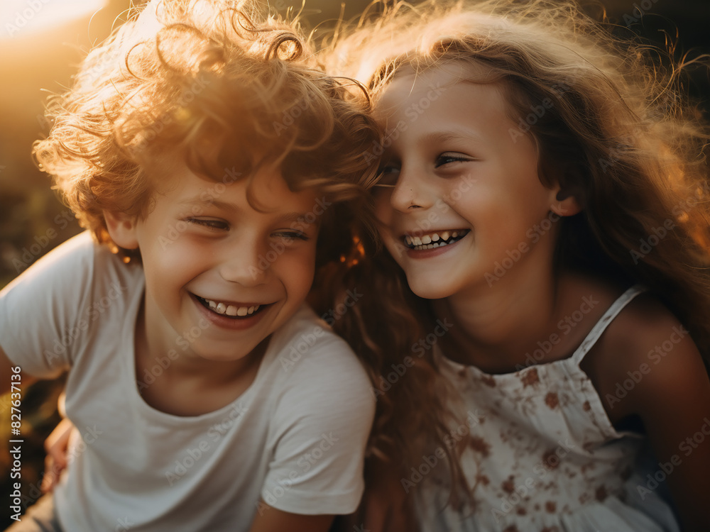 Siblings, filled with joy, embrace outdoor activities under the warm sunlight Siblings, filled with joy, embrace outdoor activities under the warm sunlight