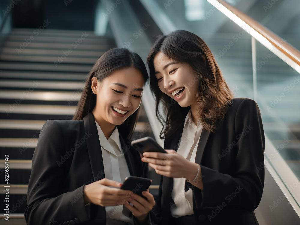 Two young Asian businesswomen happily check their mobile phone while seated on stairs Two young Asian businesswomen happily check their mobile phone while seated on stairs