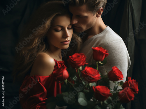 Love shines brightly as a woman affectionately embraces her partner, clutching a bouquet of roses