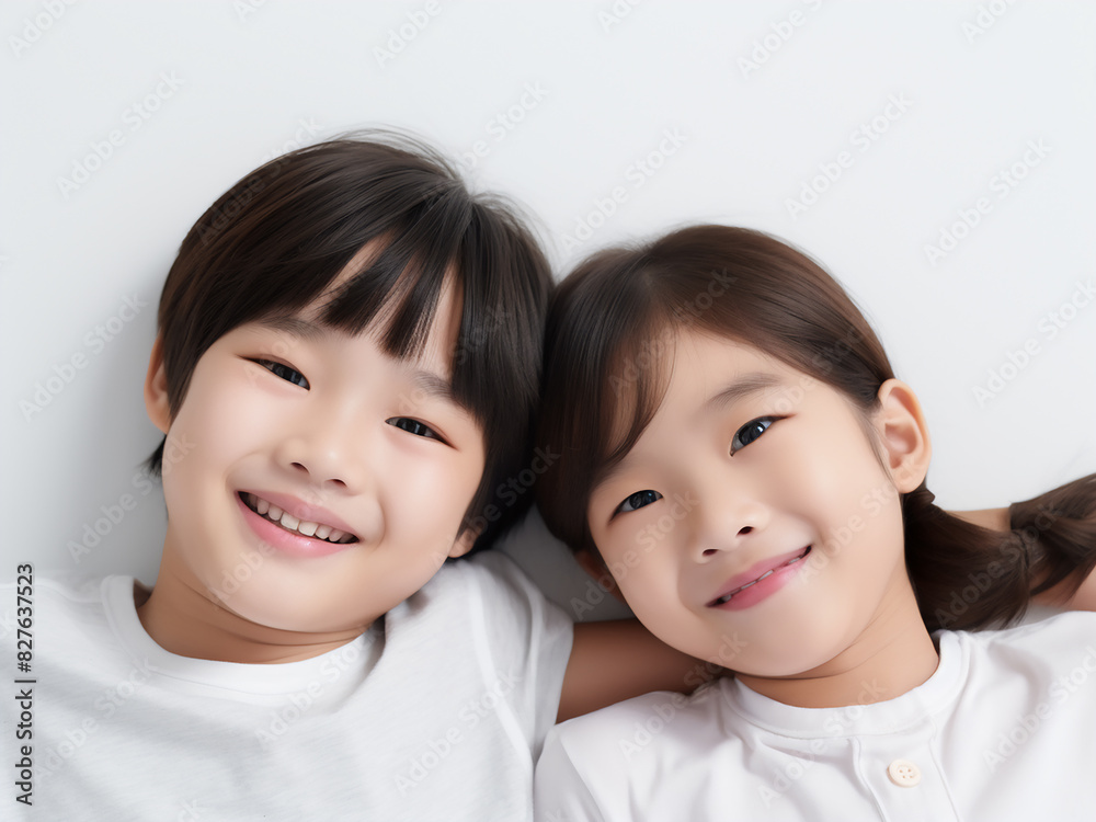 Joyful Asian children lie on a white background, radiating happiness Joyful Asian children lie on a white background, radiating happiness
