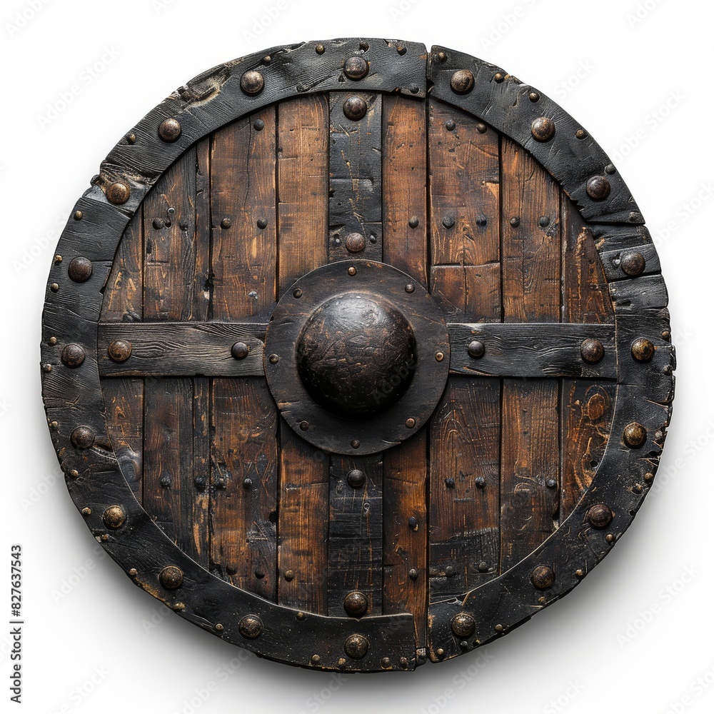 Wooden Shield With Metal Rivets on White Background