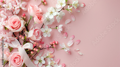 Elegant floral arrangement with pink flowers and gift box on pastel background