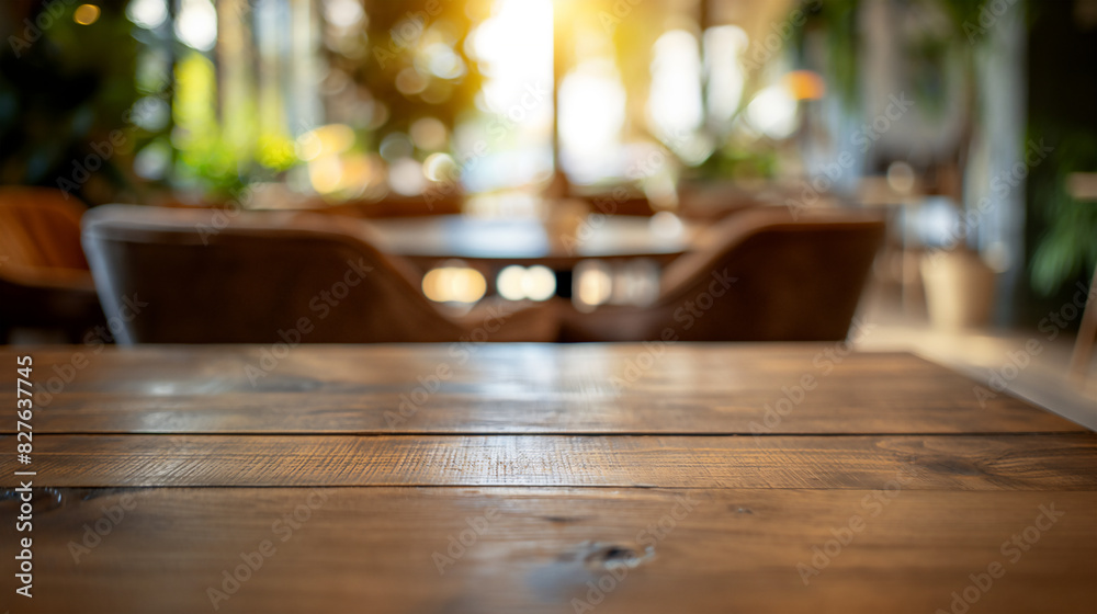 Empty wood table interior of a restaurant with space for product placement Empty wood table interior of a restaurant with space for product placement
