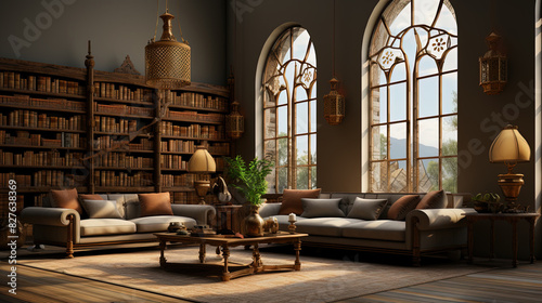 Traditional Islamic Library Large Lounge With Big Windows Background