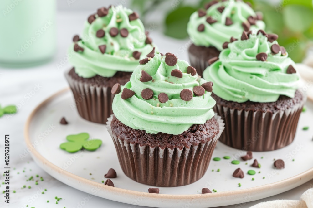 A plate of four cupcakes with green frosting and chocolate sprinkles. The cupcakes are arranged neatly on a white plate