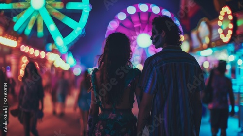 Couple walking at a Halloween night carnival with neon lights. Concept of romance, amusement park experience, night date, neon glow