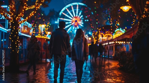 Couple walking through a festive night carnival with colorful lights. Man and woman in amusement park. Romantic evening, holiday, festive atmosphere, night out concept
