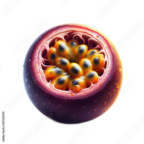 ai-generated item, rare, odd, high, 9 33. passionfruit_ round with a tough purple or yellow skin and orange, seedy pulp with photo